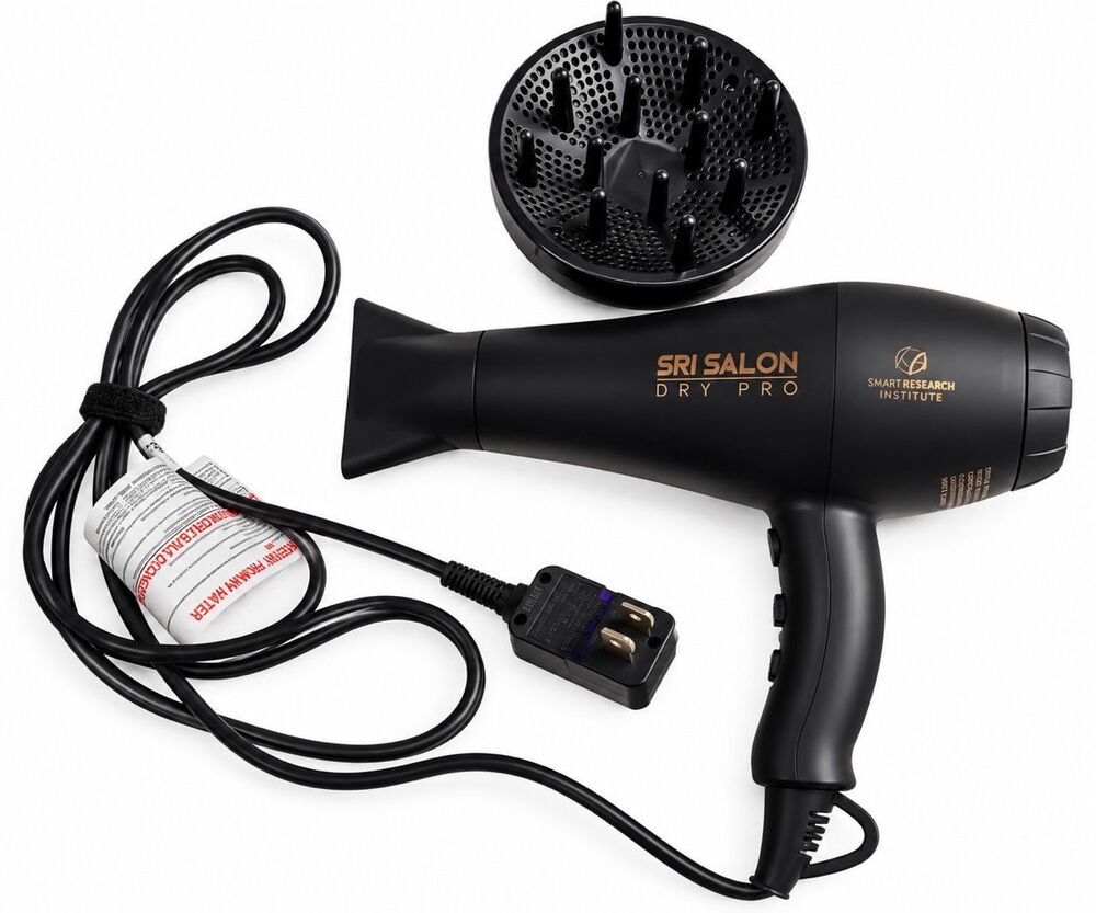 SRI Salon Dry Pro Ionic Hair Dryer Black w/ Diffuser Professional 1875W